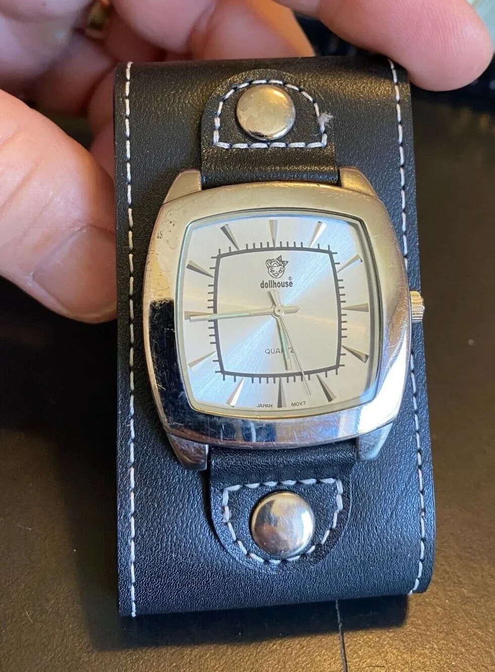 Silver Tone Dollhouse Quartz Watch with Wide Leather Strap